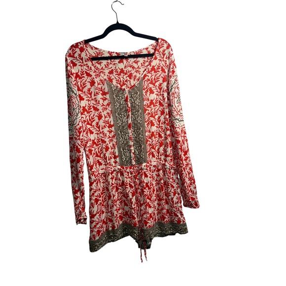 Free People Pants - Free People Red Floral Long Sleeve Button Front Romper S OB390904LA